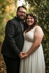 Naklejka premium wedding portrait of happy plus size couple in love, embracing with faces close holding bouquet 