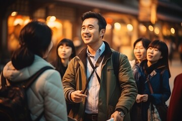 Chinese tour guides guide tourists to visit places of interest and explain historical stories. ai generated - obrazy, fototapety, plakaty