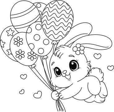 Easter Bunny flies with balloons coloring page 