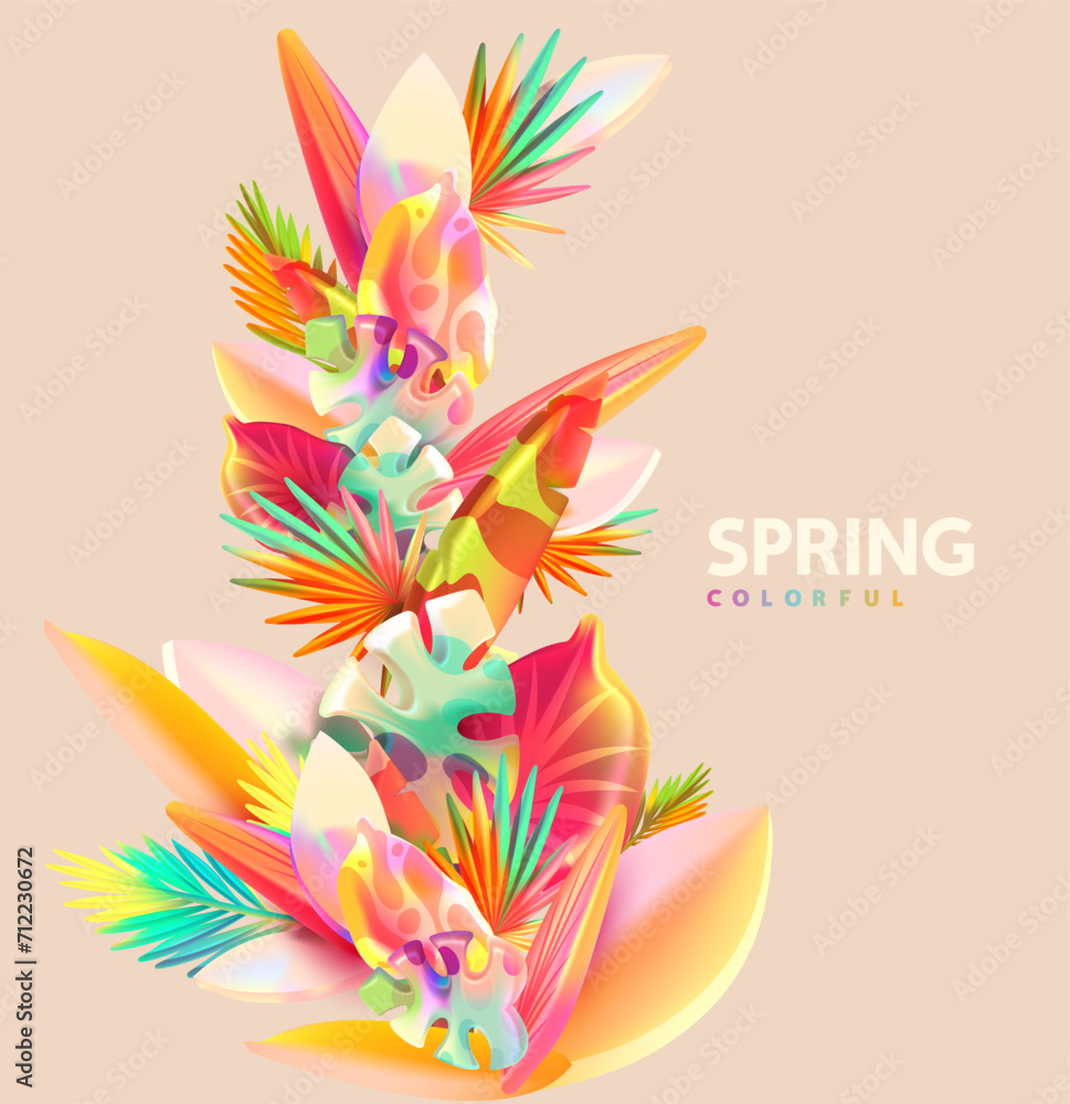 Wall mural Spring 3D tropical leaves and plants on light background. Abstract floral bouquet.