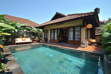 Fototapeta premium a pool backyard at modern minimalist house with a modern sofa ideas style inspiration