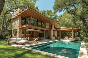 a pool backyard at modern minimalist house with a modern sofa ideas style inspiration