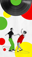 Poster for a vintage dance event, celebrating retro music and swing dance culture. Two people dancing in 1950s attire with a vinyl record backdrop, surrounded by colorful abstract shapes.