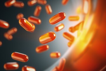 Falling antibiotic capsules  medical 3D background. - obrazy, fototapety, plakaty