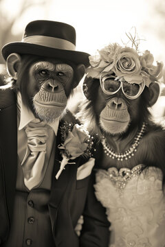 vintage wedding photo monkey chimp couple wearing wedding dress and suit glasses
