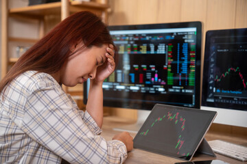 Stressed businesswoman feeling desperate on crisis stock market, investment concept.