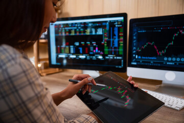 Woman is checking Bitcoin price chart on digital exchange on Digital Tablet