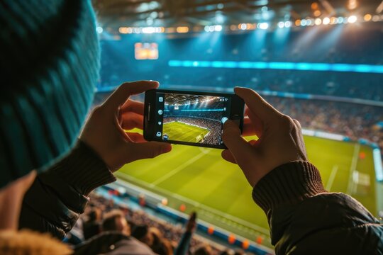 A hand with a smart phone in a stadium, during a sports event