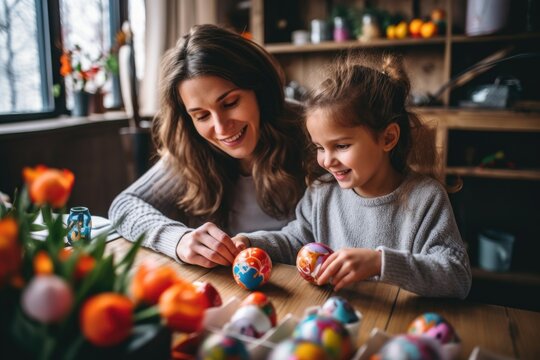 portrait of a family paints the eggs on a white background. ai generated