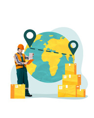 Contemporary art collage. Logistics worker with clipboard in front of world map and location pins, with packages. Image for worldwide package tracking service, app that tracks international shipments.