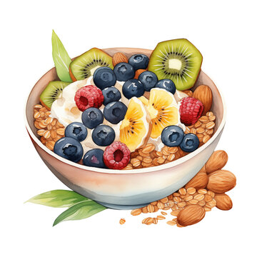 watercolor bowl of granola with fruit clip art preview