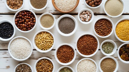 Top view of a set of various cereals, grains, legumes, flour in bowls on a white wooden background. Agricultural products concepts.