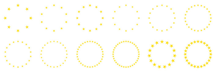 Stars of various sizes arranged in a circle. Round frame, border.  Line art.Yellow star shape, simple symbol. Design element, ornament. Vector illustration