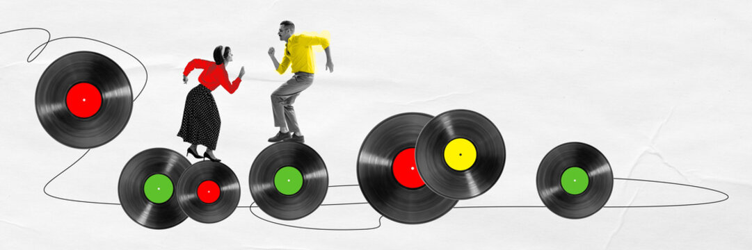 Advertisement for a cultural festival celebrating the 1950s, complete with music and dance events. Stylish young man and woman in retro clothes dancing on various vinyl records. Banner for event