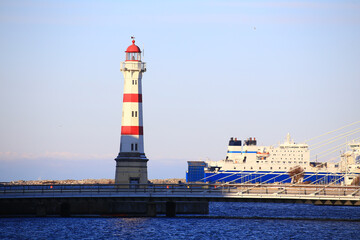 Lighthouse, bridge and ferry at harbor of Malmo in Sweden - 712233895