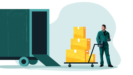 Contemporary art collage. Worker at warehouse loading dock with hand truck and stacked packages, looking at truck. Concept of employee recruitment for logistics and distribution, import and export.