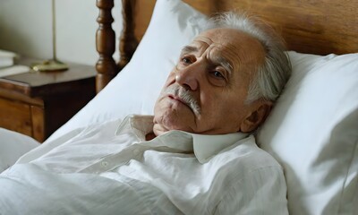Elderly eighty plus year old man recovering in a hospital bed.