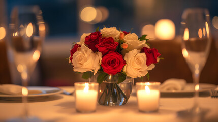 a table elegantly set for two, adorned with candles and a bouquet of flowers, against the backdrop of a softly lit room.