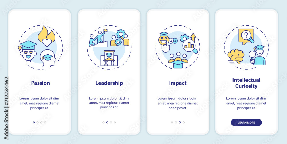 Poster 2d icons representing key qualities in applicant for admission mobile app screen set. walkthrough 4 