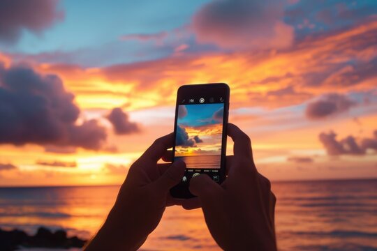 Hand-held photo of a sunset on a smartphone