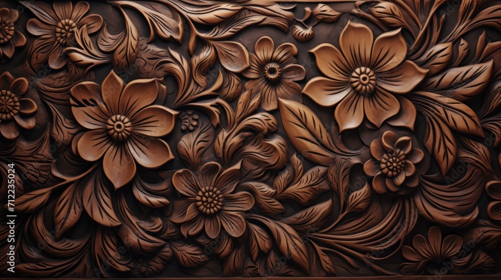 Wall mural wooden carved floral texture background