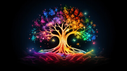 Illustration of a tree in rainbow colors. 