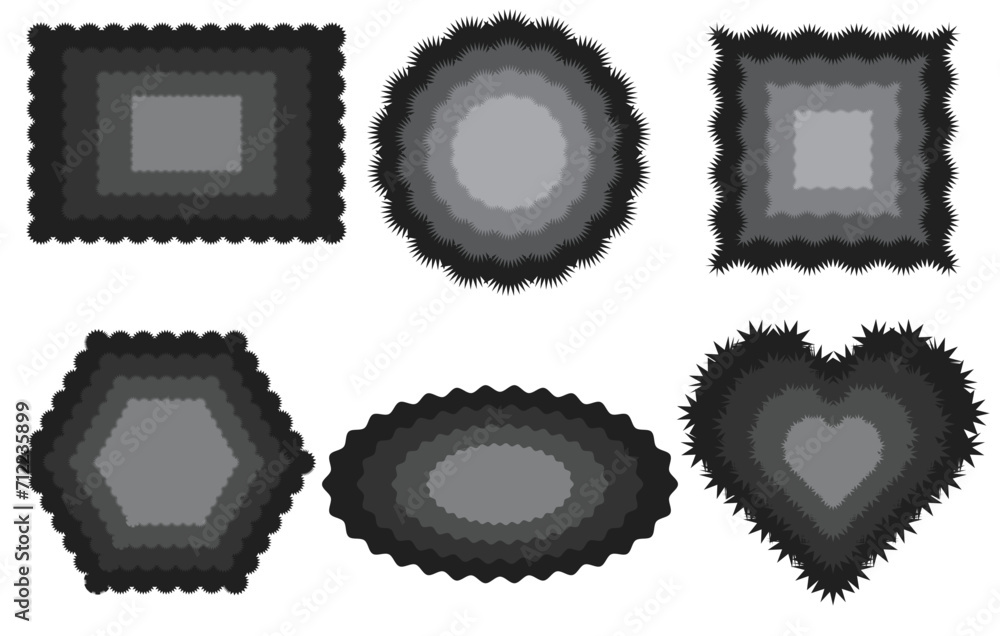 Aufkleber set of zigzag edge concentric circle, squares, oval, heart grey icon and shape. wavy edge rectangle,