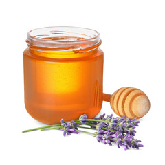 Honey in glass jar, dipper and lavender flowers isolated on white