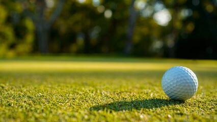 Golf ball on green grass in the evening golf course with sunshine background.