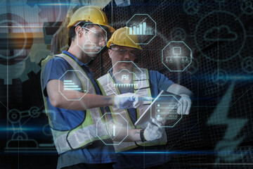 Team of  Engineers Use Tablet with visualize screen of the data statistic with ai technology in factory.