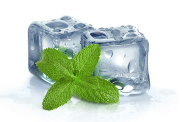 Green mint and ice cubes isolated on white