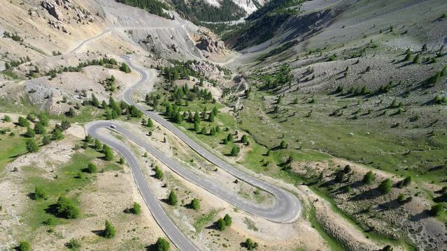 Scenic Mountain Pass Road Col Izoard Mountain in French Alps, France - Aerial 4k