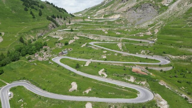 Mountain Pass Maddalena in Alps, border between France and Italy - Aerial 4k