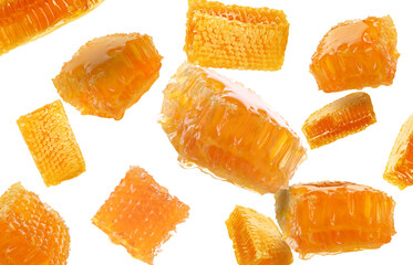 Pieces of honeycomb falling on white background