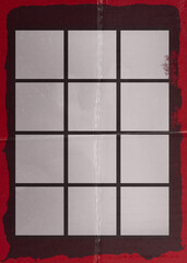 cool looking contact paper sheet with empty photo frames, red color remain and folding marks, film photo placeholder.