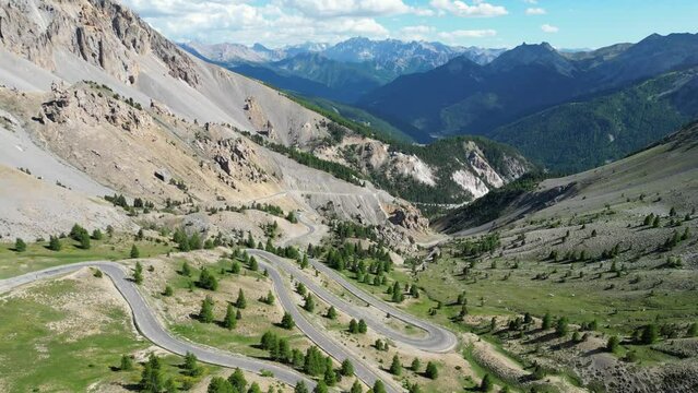 French Alps Mountain Pass Col Izoard in Hautes Alpes, France - Aerial 4k