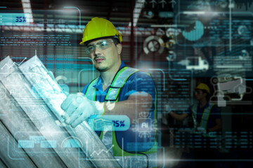 Team of  Engineers Use Tablet with visualize screen of the data statistic with ai technology in factory.