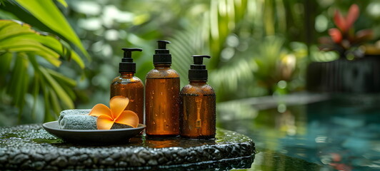 bottles of cosmetics against a tropical background