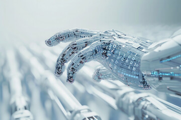 Macro robot hand, futuristic innovation, white background - obrazy, fototapety, plakaty