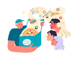 Courier delivered food, deliverer opens box of meal