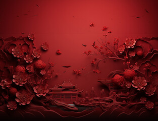 3D red view with tree and flowers on red background GenerativeAI, chinese style, red town