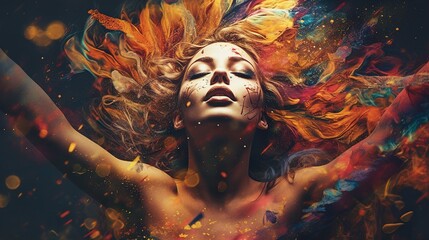 Surreal portrait of a woman with vibrant, exploding colors symbolizing creativity and imagination. - obrazy, fototapety, plakaty