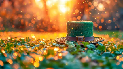 Poster Happy Saint Patrick's Day holiday background with traditional symbols. Green hat, shamrocks and golden coins on green grass against spring forest sunset landscape background with warm sunny light © KRISTINA KUPTSEVICH