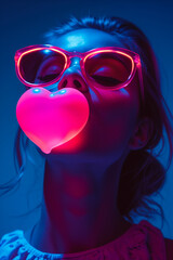 Girl in pink neon sunglasses blowing a pink  bubble shaped like heart in the neon pop style
