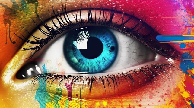 Vibrant artistic close-up of a blue eye with colorful paint splashes, representing creativity and makeup art.