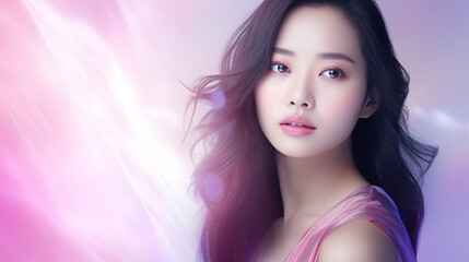 Serene Asian woman with flawless complexion and flowing hair against a vibrant background