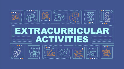 Extracurricular activities text with various creative thin line icons concept on dark blue monochromatic background, editable 2D vector illustration.