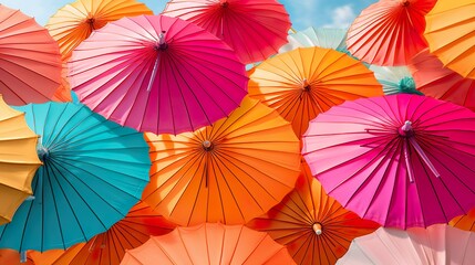 Fototapeta na wymiar Colorful umbrella under sunny sky with palm trees, tropical vacation concept.