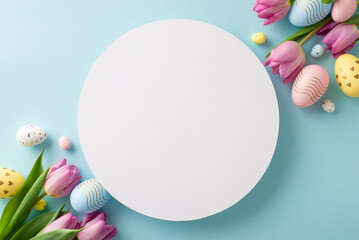 Spring fling: Playful eggs, and pink tulips showcased against a soft pastel blue setting. A lively...