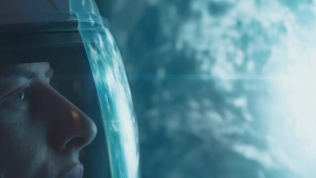 Astronaut with nebula and galaxies in space. Reflection of planet earth. Milky way with galaxy stars and space dust in universe. Blue stanfield abstract background. Cosmonaut in deep cosmos at night